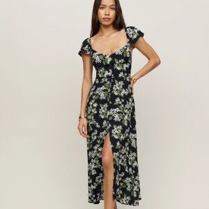 NEW Reformation Baxley Black and Green Floral Print Midi Dress
